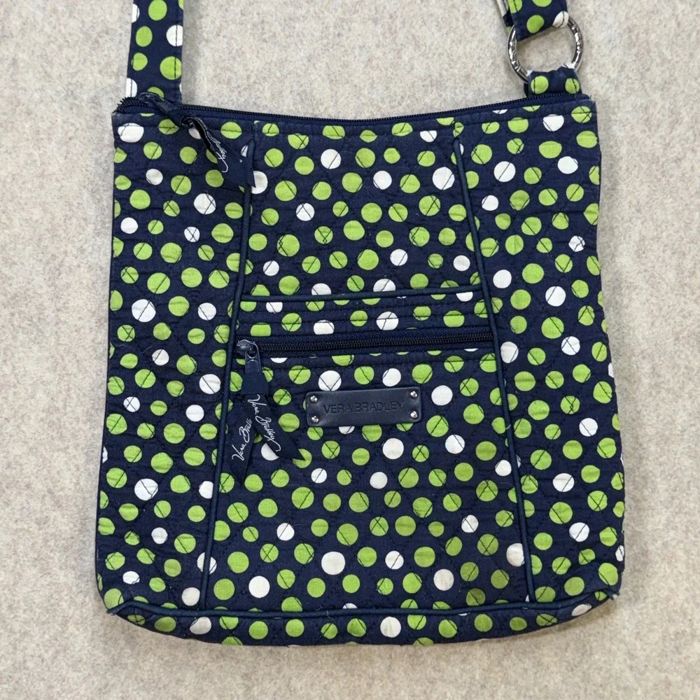 Vera Bradley Navy Green Polka Dot Quilted Cotton Crossbody Messenger Bag Casual